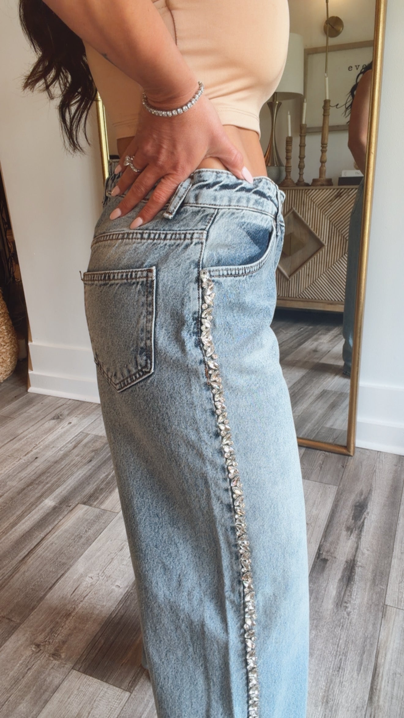 “DENIM & DIAMONDS” Medium Wash Wide Leg Bouje Diamond Lined Jeans