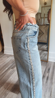 “DENIM & DIAMONDS” Medium Wash Wide Leg Bouje Diamond Lined Jeans