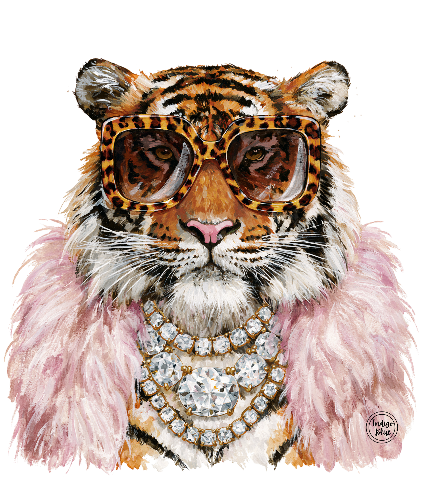 Indigo Blue Feather Pink Bling Tiger