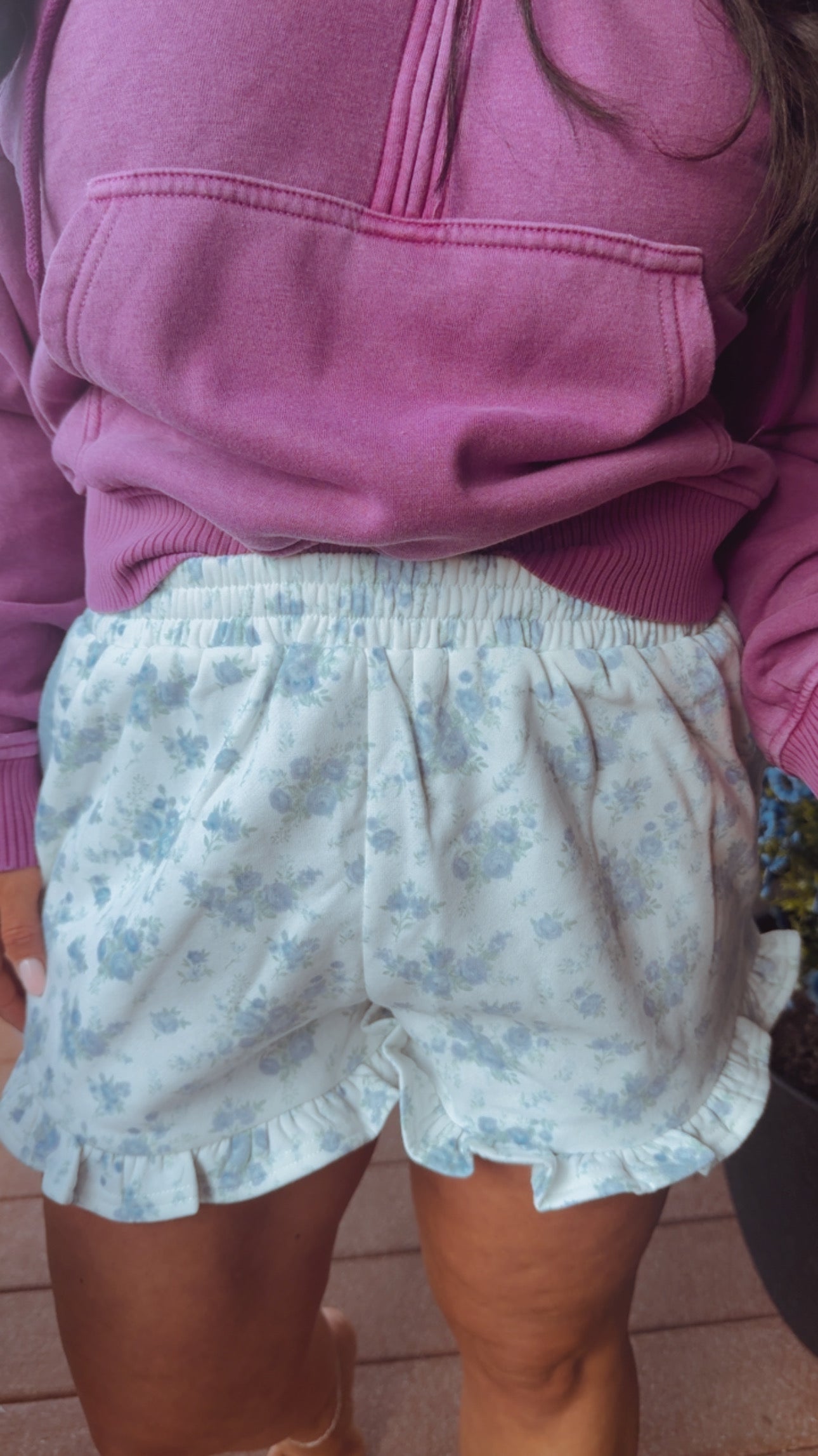 Blue Floral Chic Ruffle Bottom Shorts