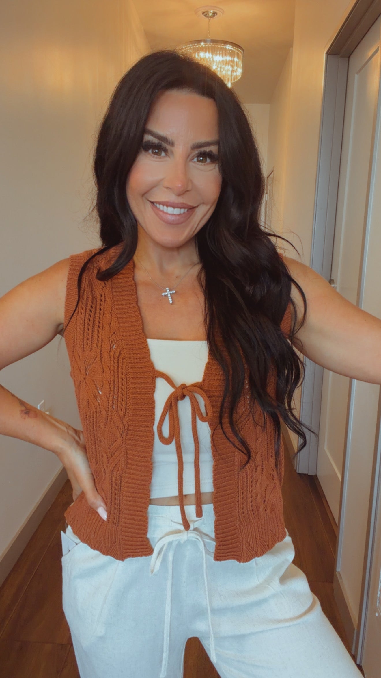 Camel Cable Knit Front Tie Vest