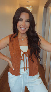 Camel Cable Knit Front Tie Vest