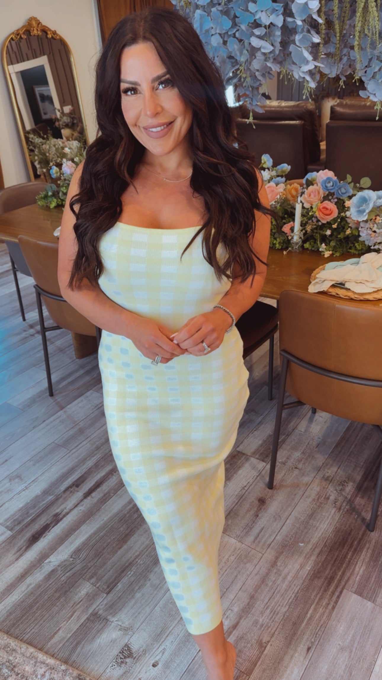Yellow and White Gingham Luxe Midi Dress Stich and Co