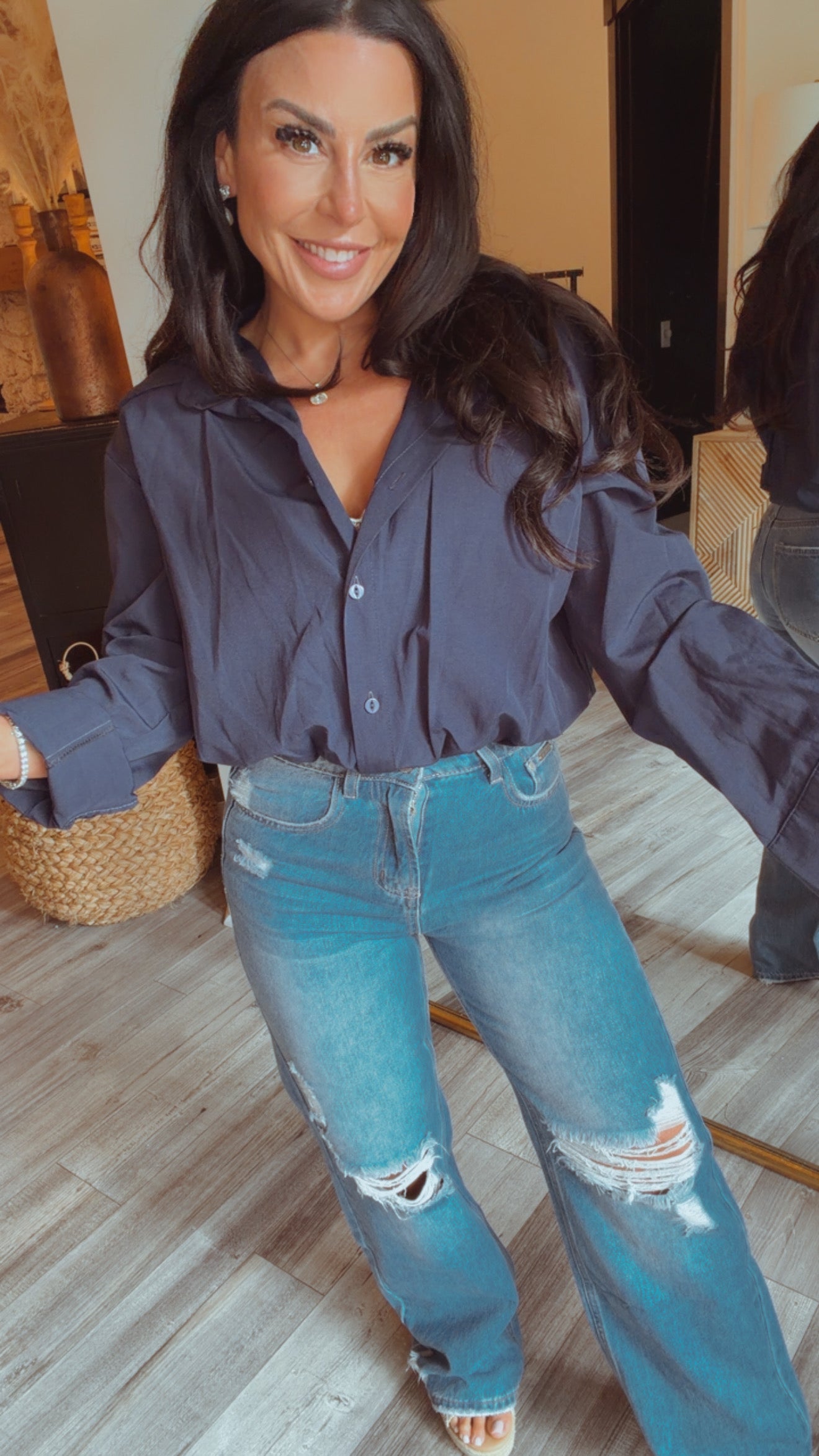 Luxe Navy  Blue and White Lace Cami Long Sleeve Top