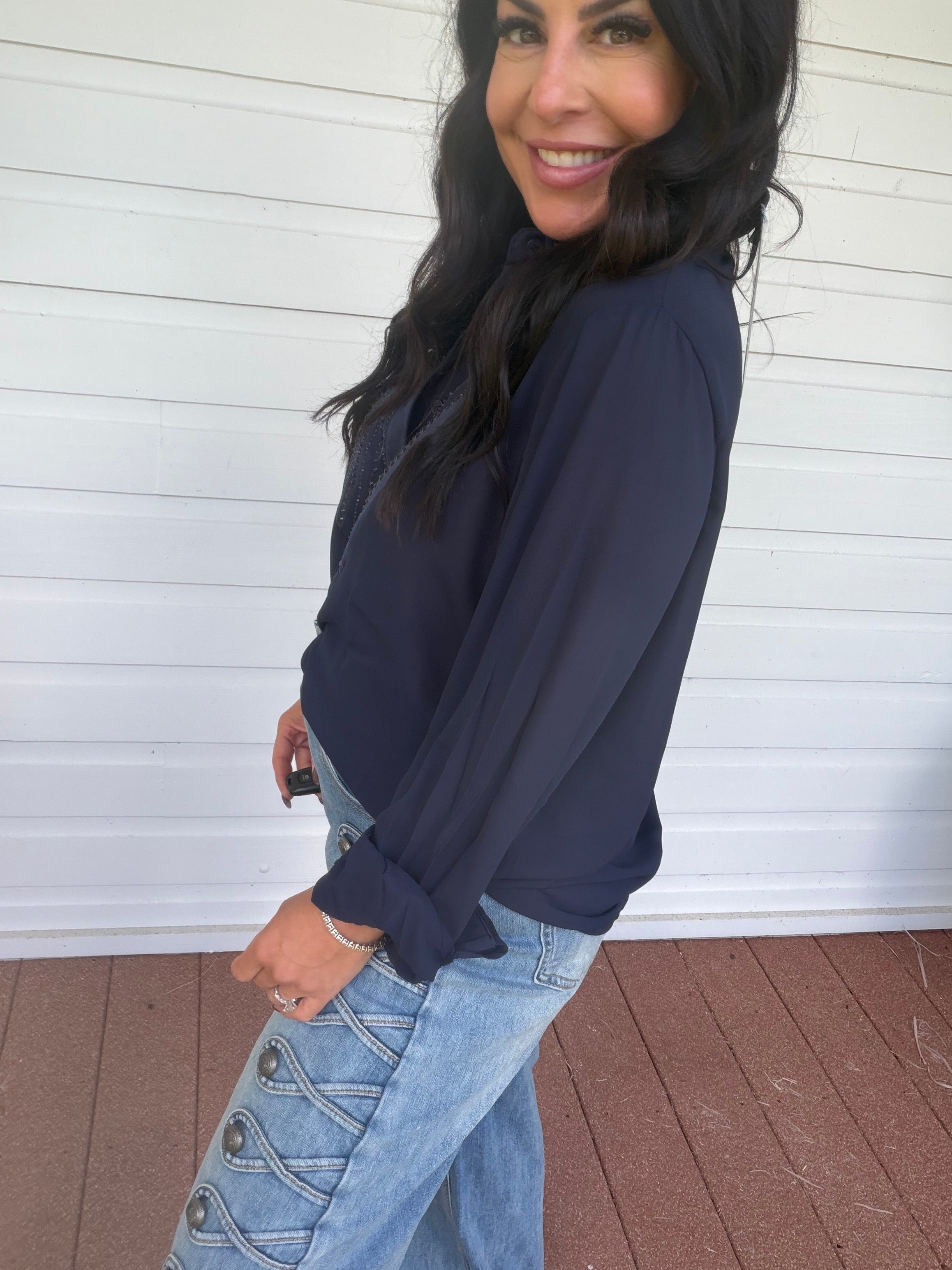 Diva Navy Sparkle Long Sleeve Blouse