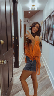 Chic Orange Knit Long Sleeve Cover Up Top