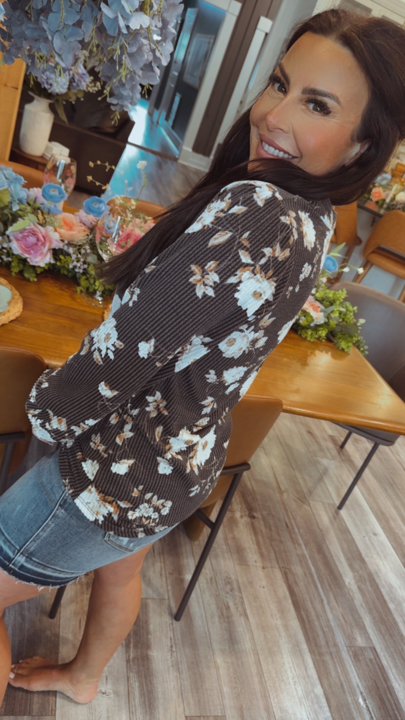 Black Ribbed Floral Loose Fit Long Sleeve Top