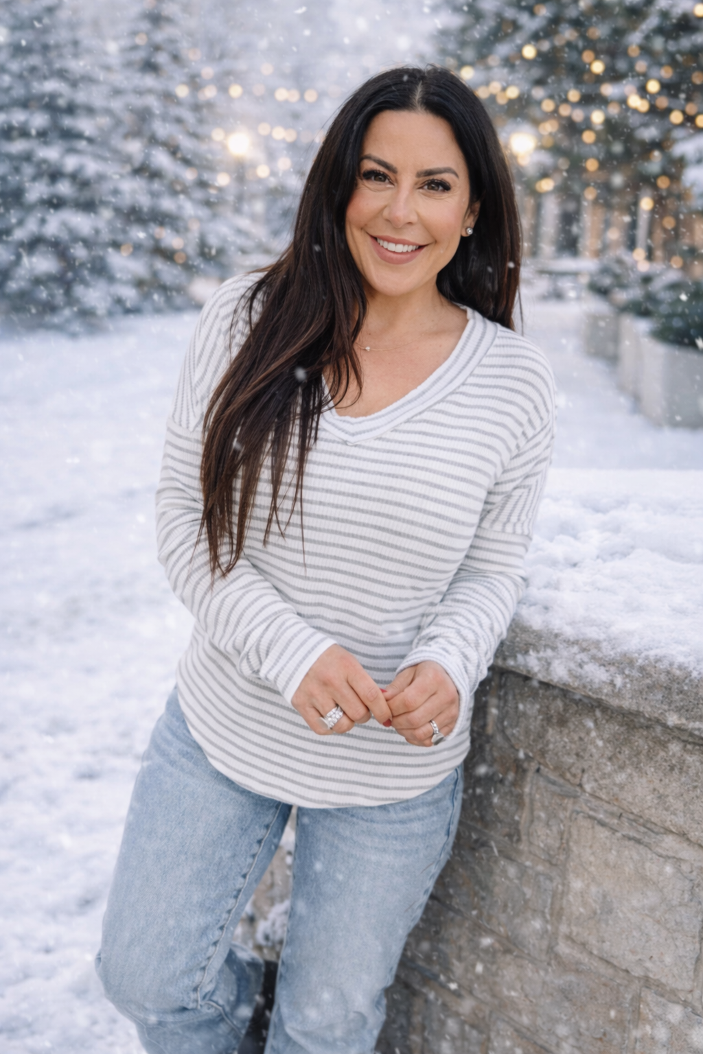 Grey and White Striped Lightweight Long Sleeve Top