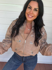 Taupe Suede Silver Embellished Zip-Up Jacket