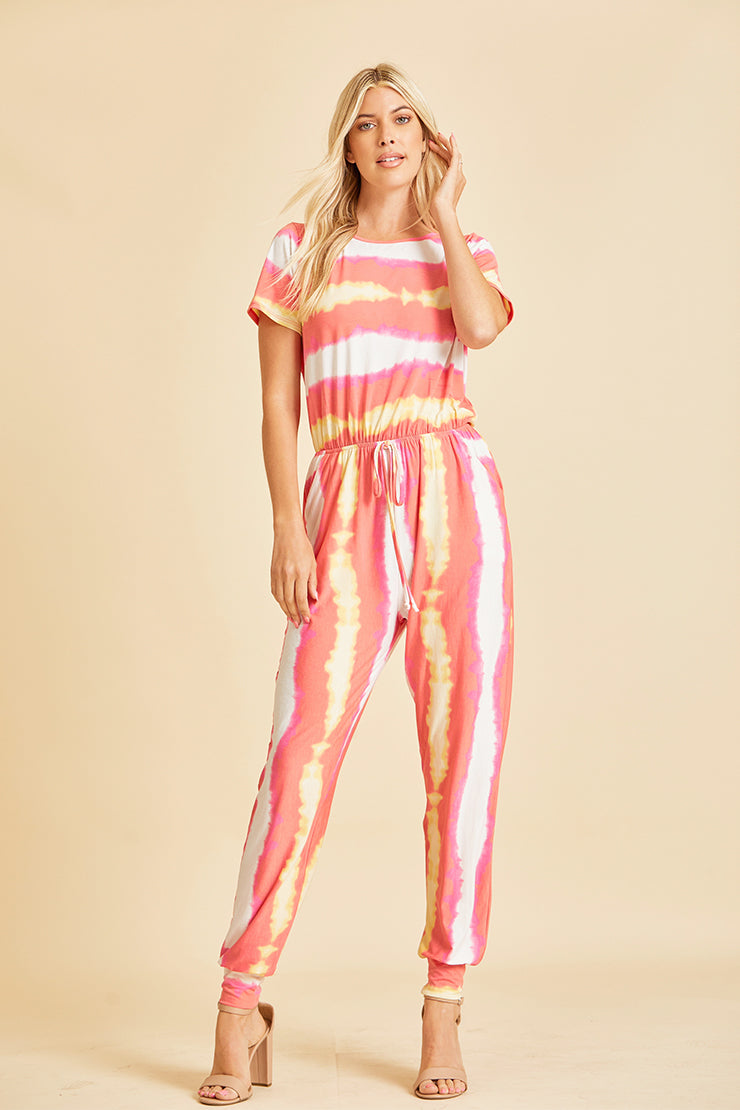 Orange and Pink Striped Short Sleeve Jumpsuit