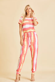 Orange and Pink Striped Short Sleeve Jumpsuit