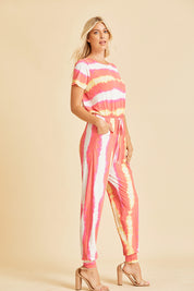 Orange and Pink Striped Short Sleeve Jumpsuit