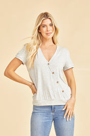 Grey Short Sleeve Button Detail Top