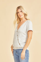 Grey Short Sleeve Button Detail Top