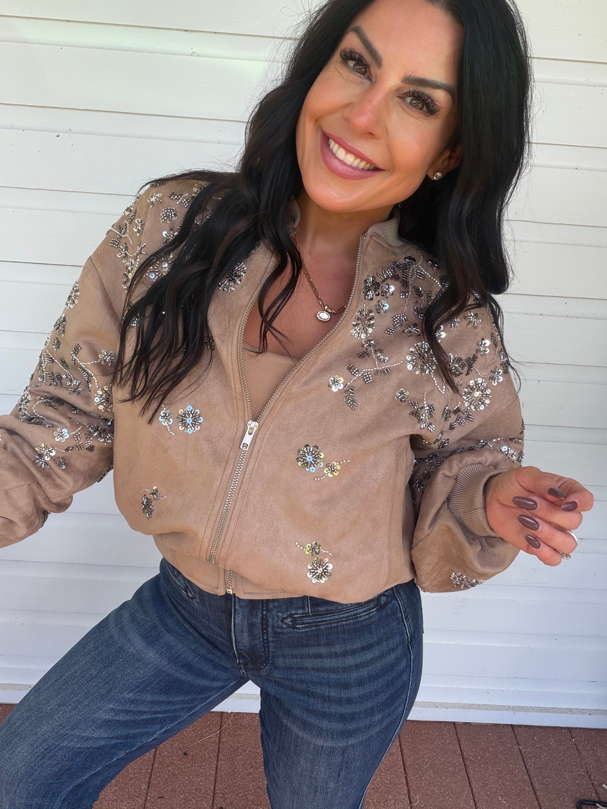 Taupe Suede Silver Embellished Zip-Up Jacket