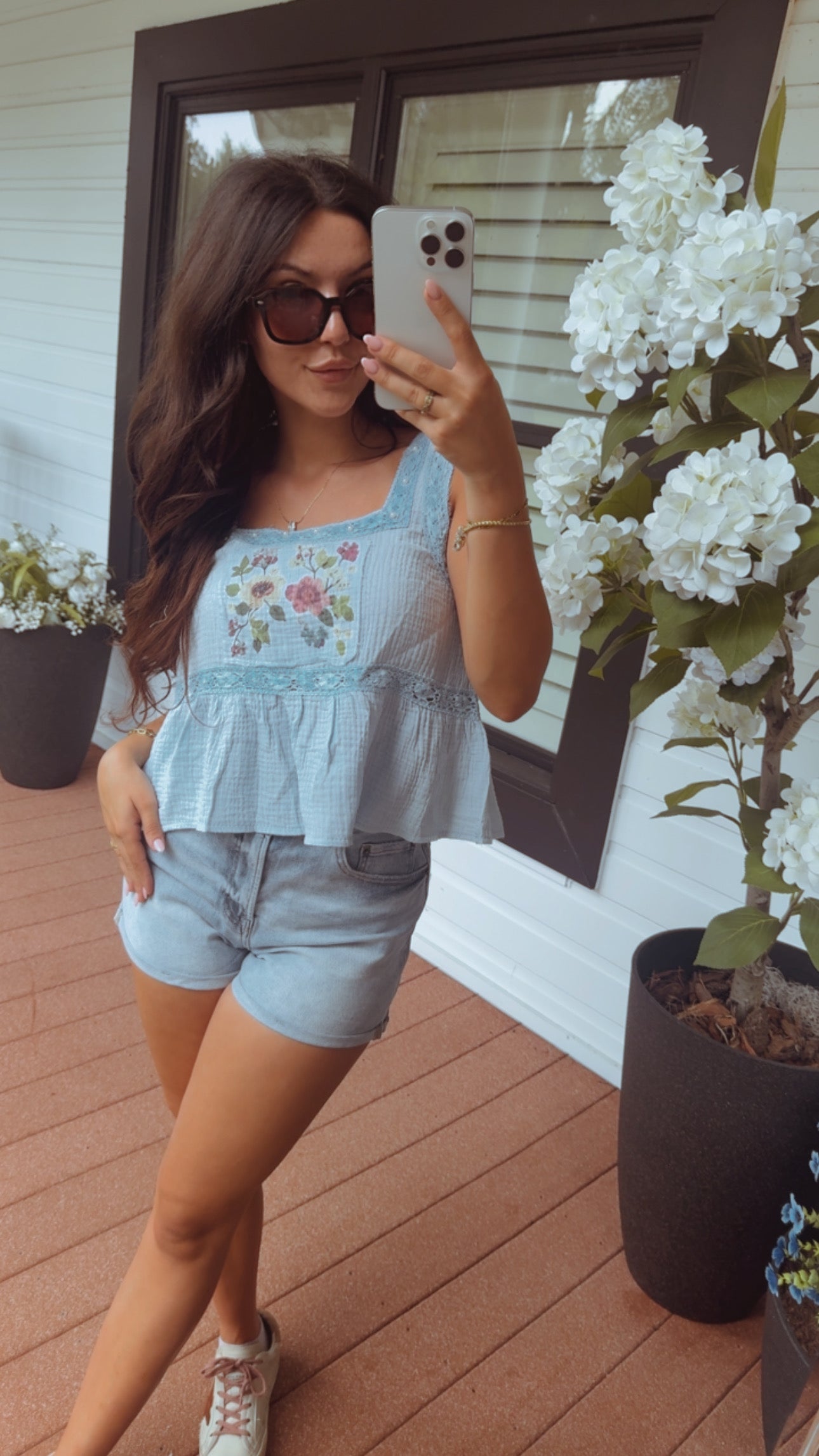 Pol Light Blue Linen Lace and Pearl Trim Tank