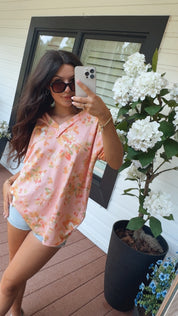 Pink and Orange Floral Ribbed Top