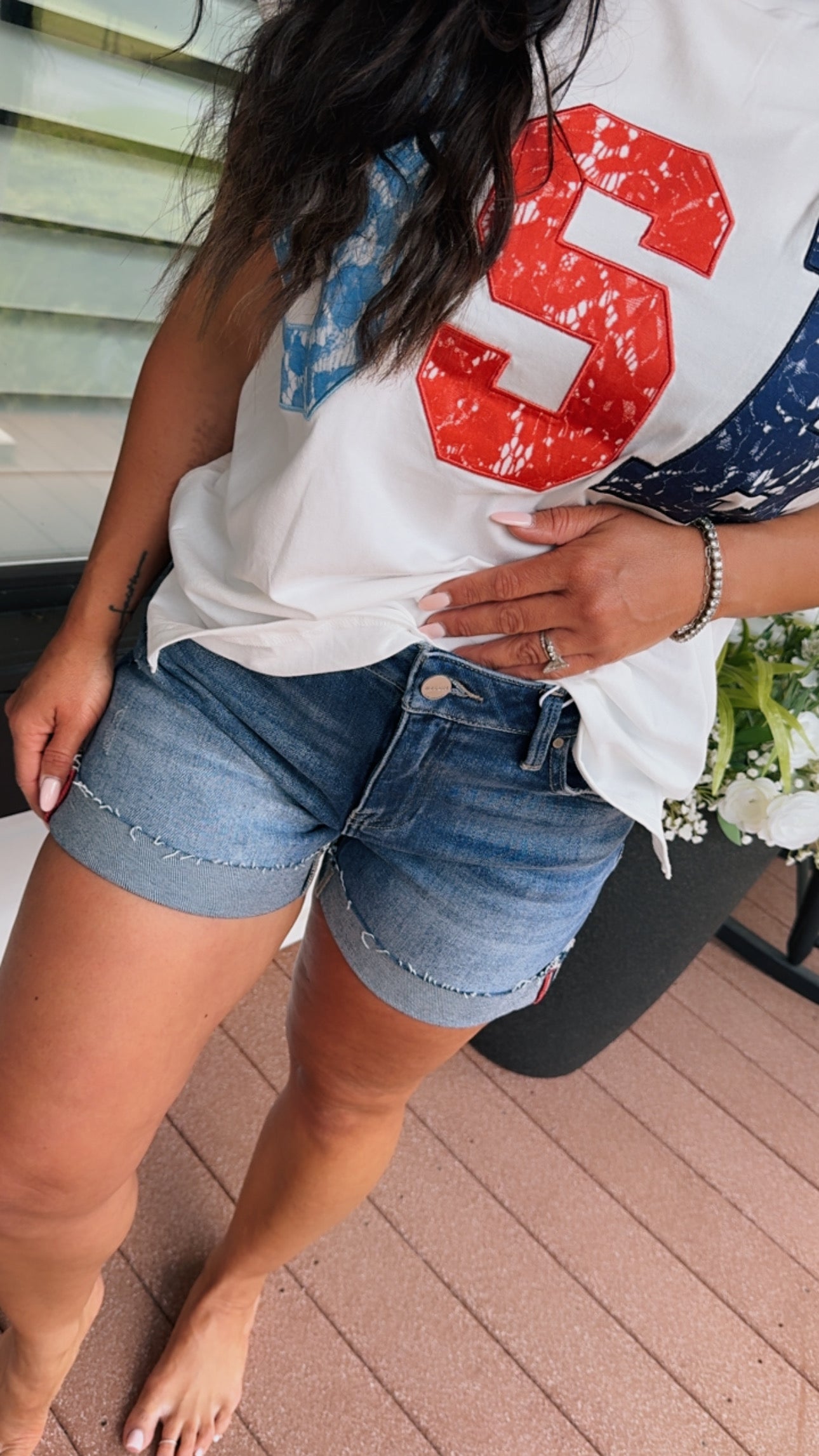 Risen Medium Wash Cuffed Mid Rise Jean Shorts
