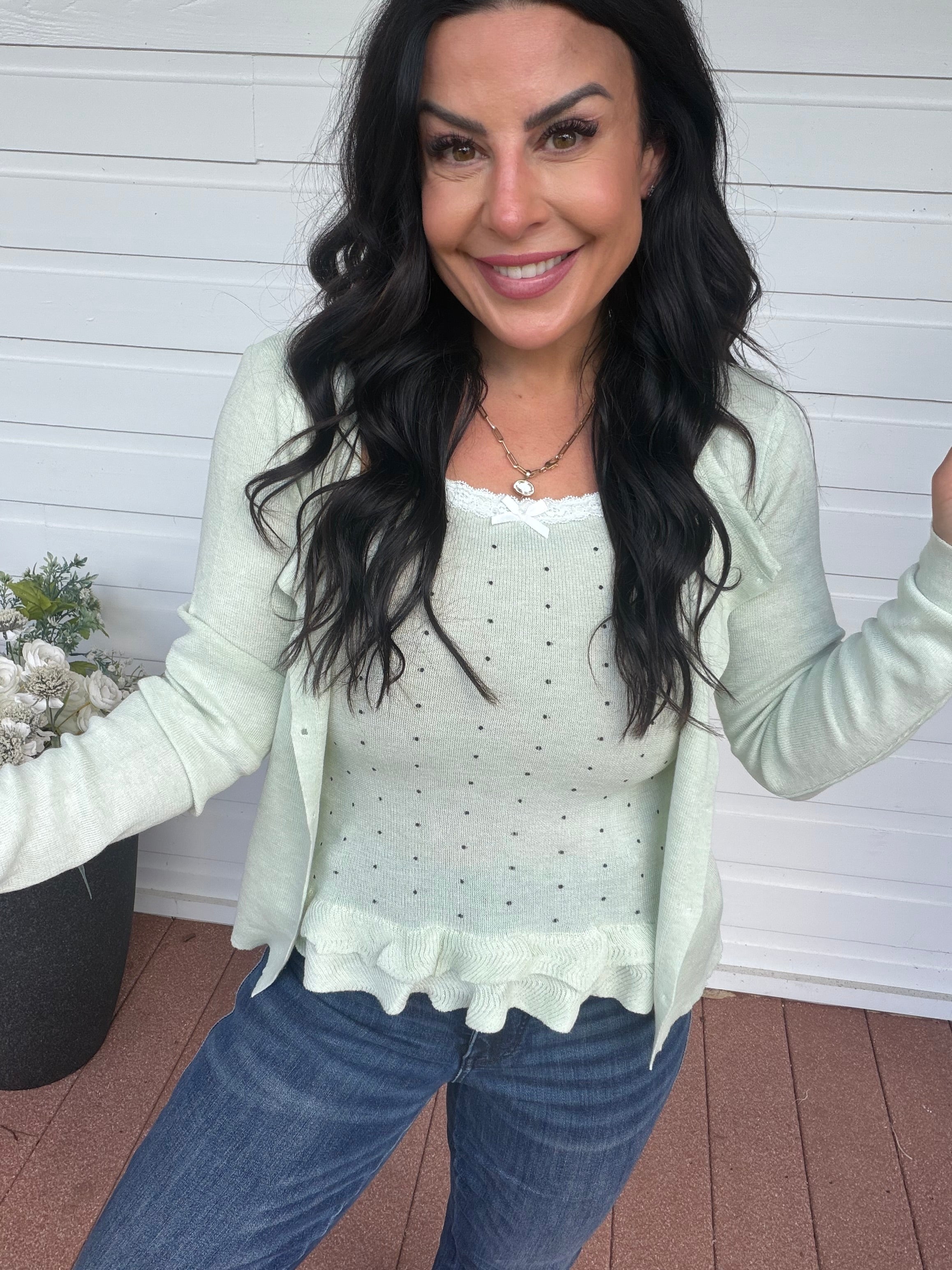 Light Green Knit Two piece Cami Tank And Sweater Top Set