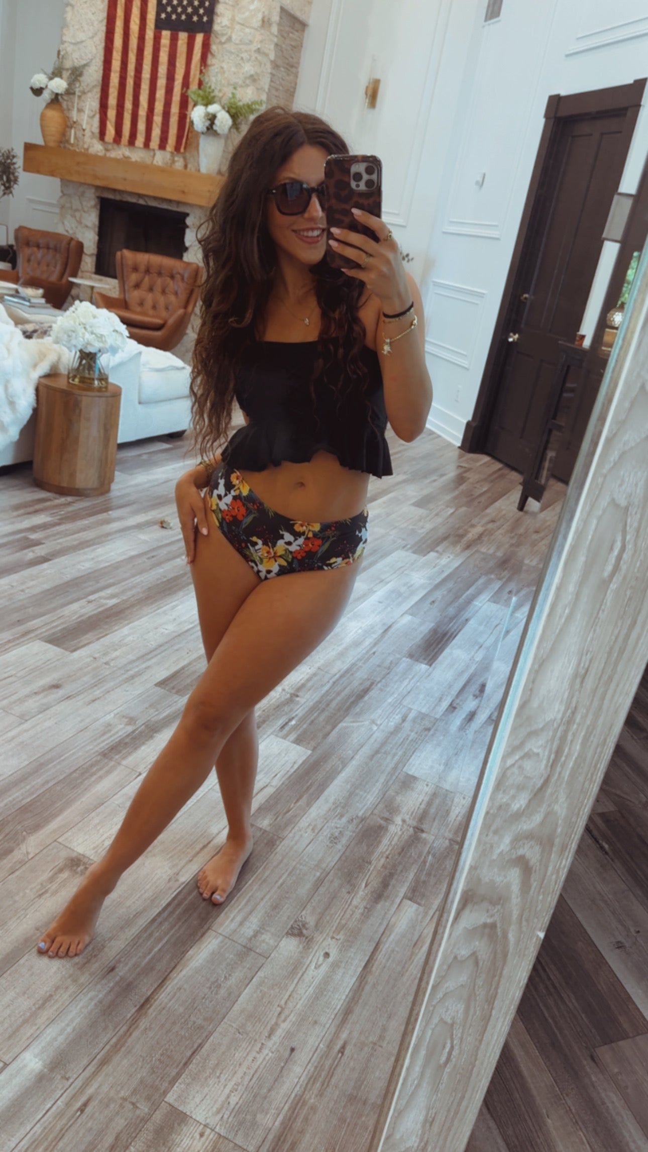 Black and Multicolor Floral  2 Piece Bathing Suit