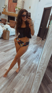 Black and Multicolor Floral  2 Piece Bathing Suit