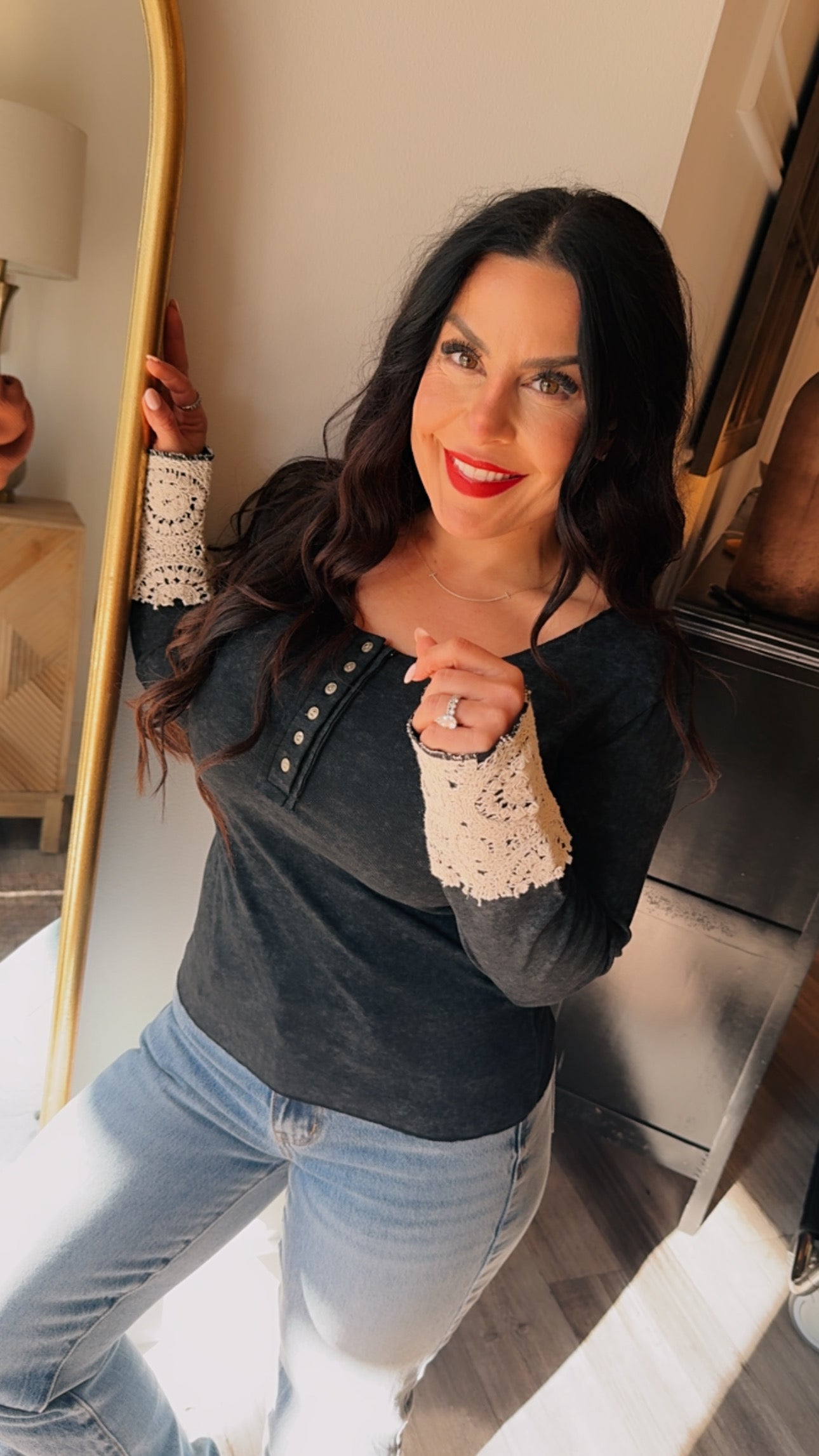 POL Muted Camo and Lace Sleeve Long Sleeve Top