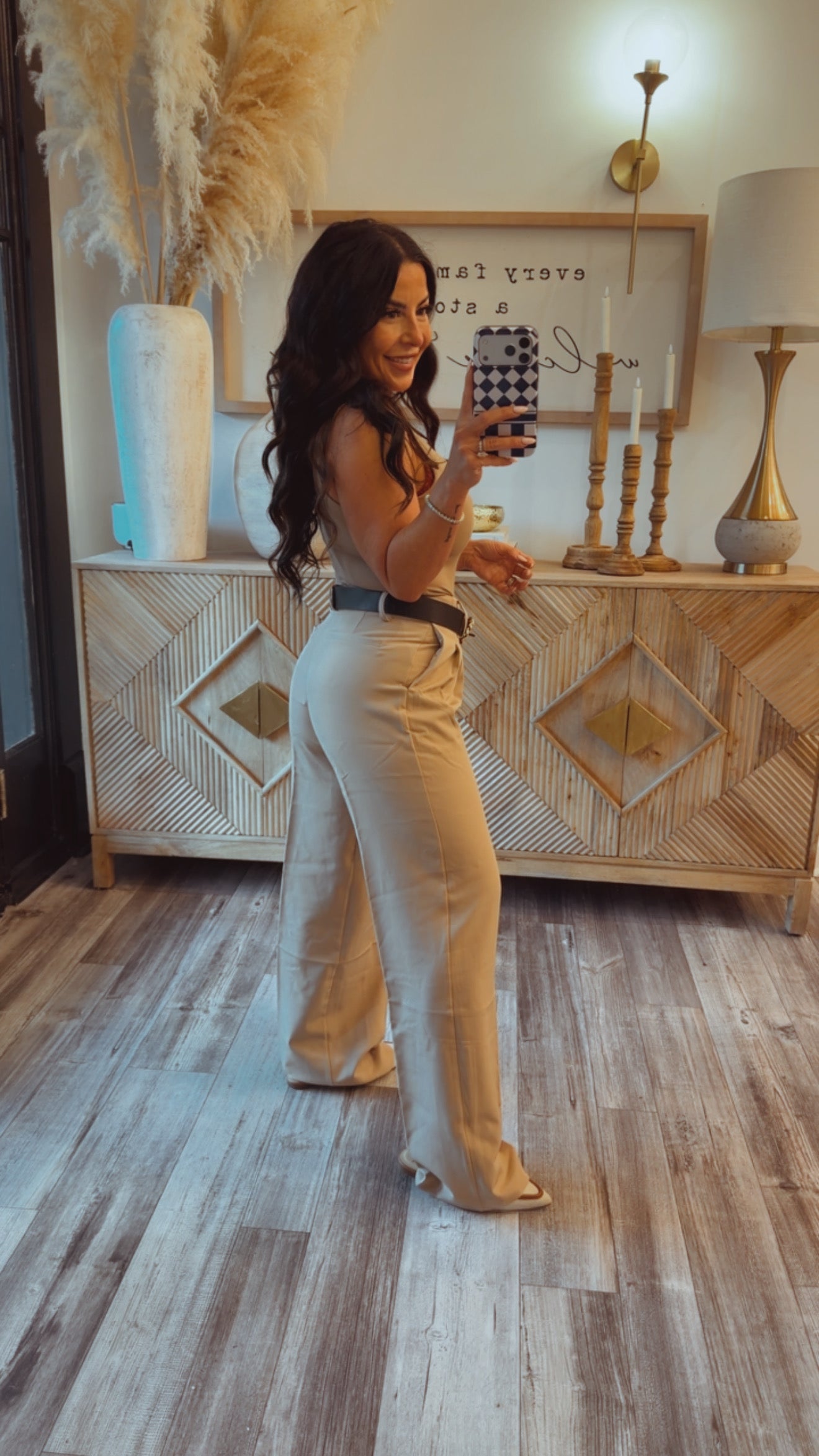 Khaki Wide Leg Belted Pants
