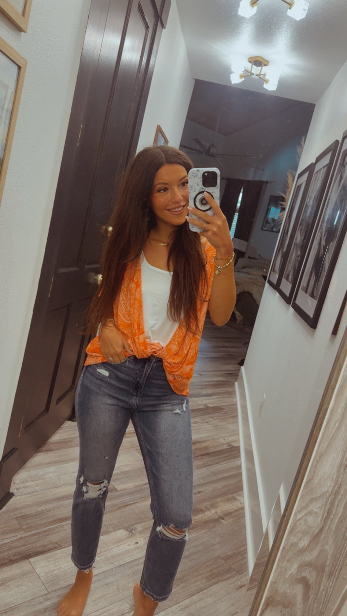 Ivory and Orange Chic Vneck Twist Front Top