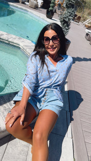Heaven Soft Blue and Pink Floral Long Sleeve Veeck Top