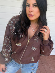 Chocolate Suede Silver Embellished Zip-Up Jacket