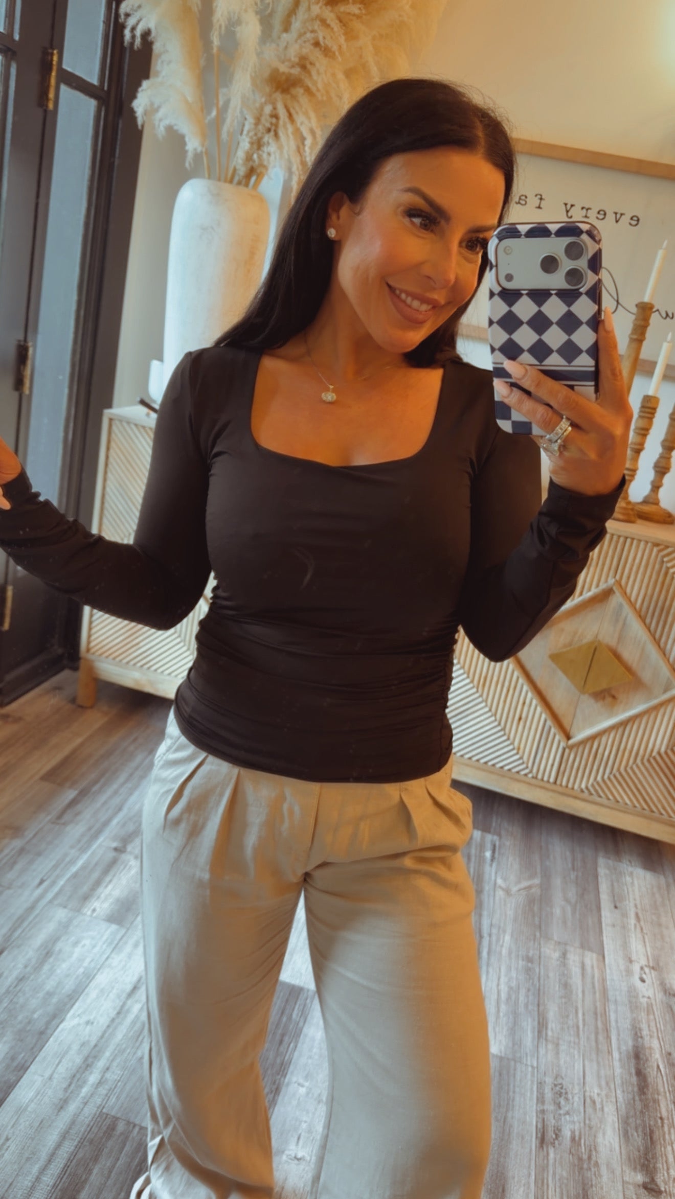 Black Square Neck Long Sleeve Top