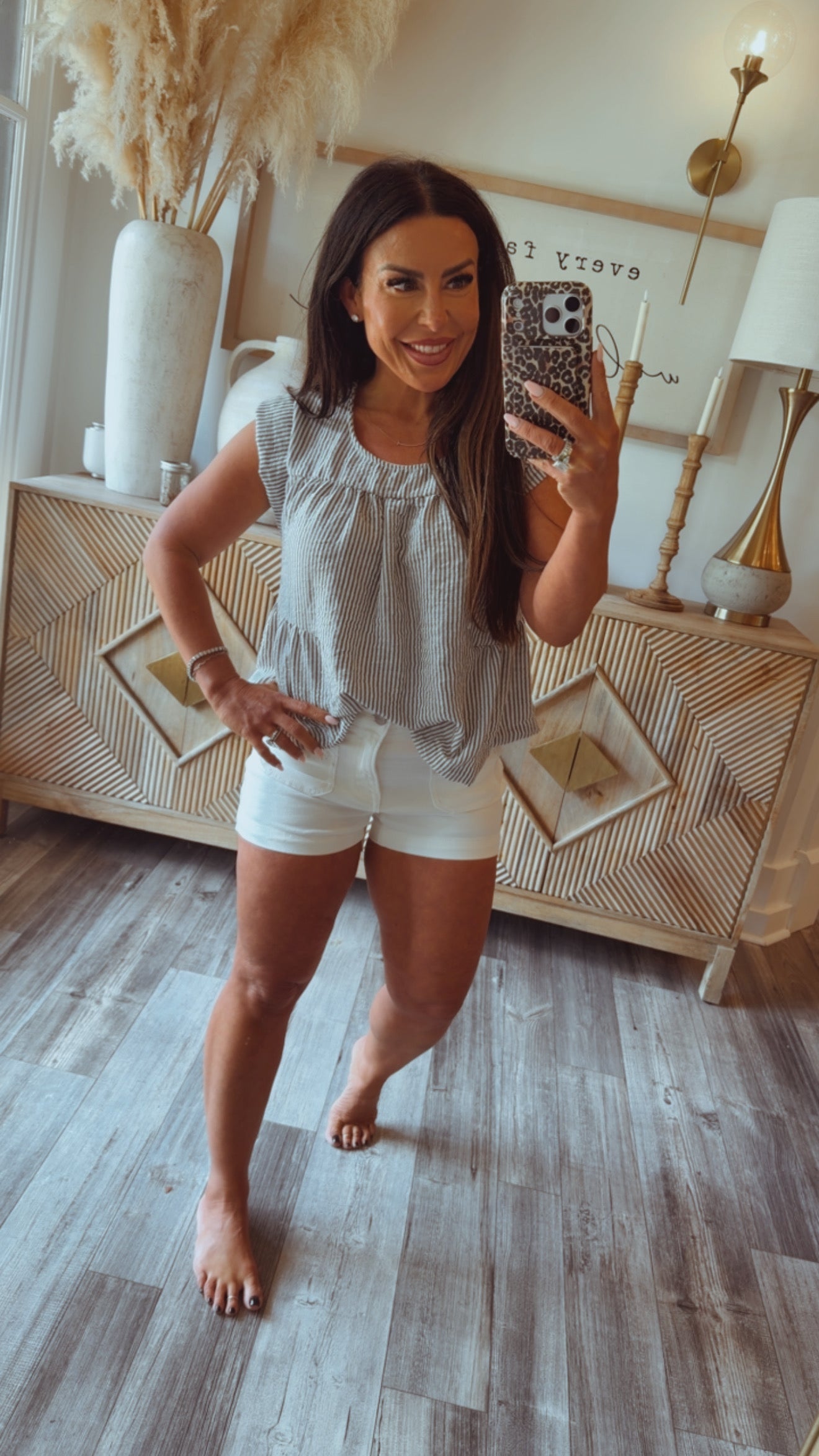 Denim and White Pinstripe Peplum Top