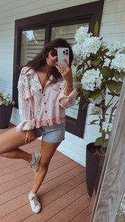 Pol Loose Fit Pink Floral Lace Sleeve Lightweight Jacket