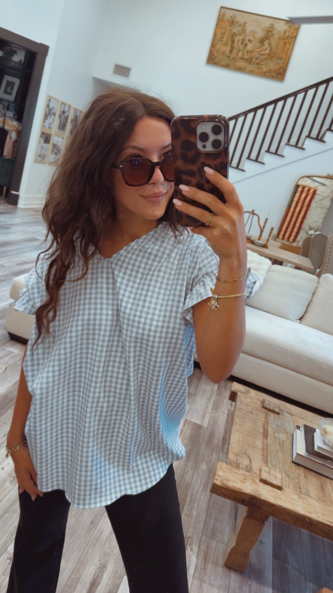 Sage Green  and White Gingham Ultra Soft Ruffle Sleeve Top