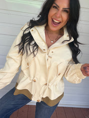Cream And Olive Gold Button Zip Up Jacket