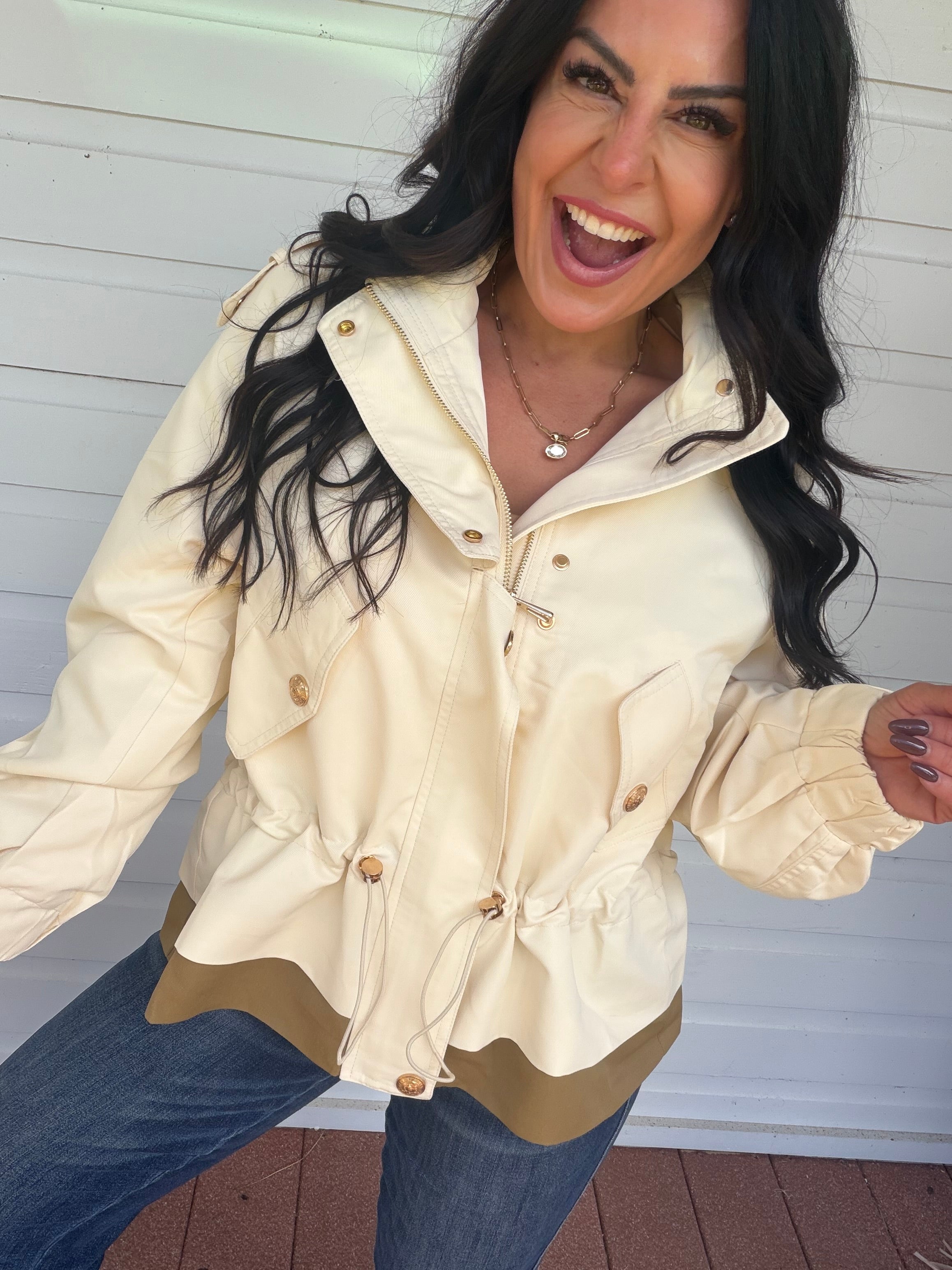 Cream And Olive Gold Button Zip Up Jacket