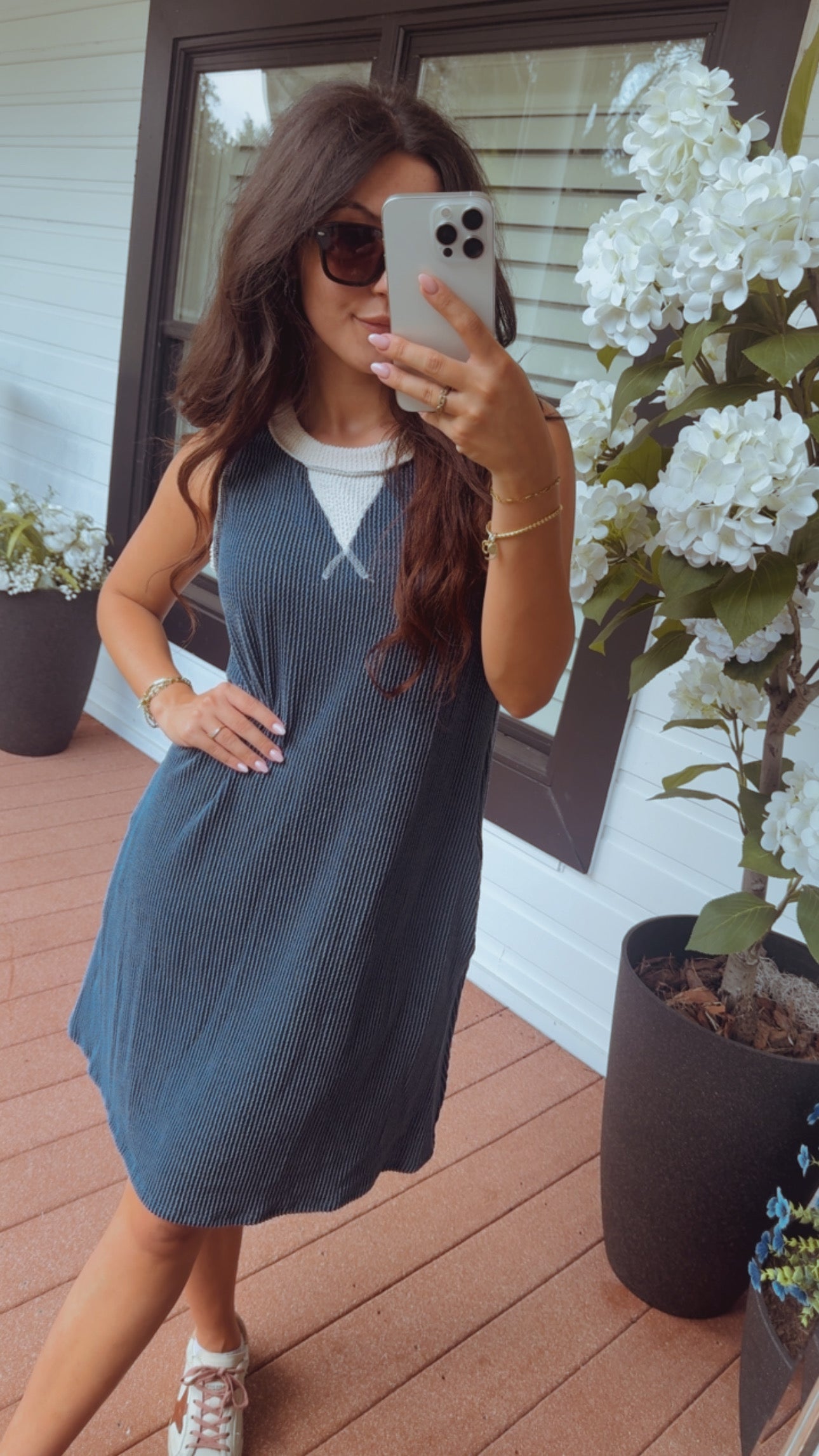Navy and Cream Ribbed Tank Dress