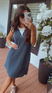 Navy and Cream Ribbed Tank Dress
