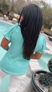Turquoise Textured Loose Fit puff Sleeve Top