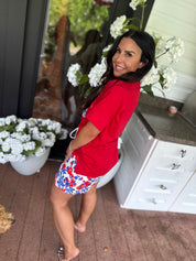 Red White And Blue Floral Usa Top and Shorts Set