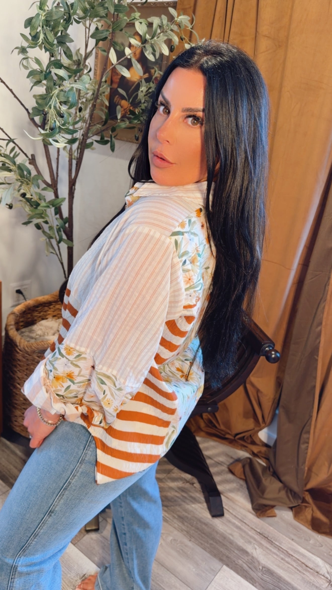 Ivory and Rust Floral Stripe Button Up Top