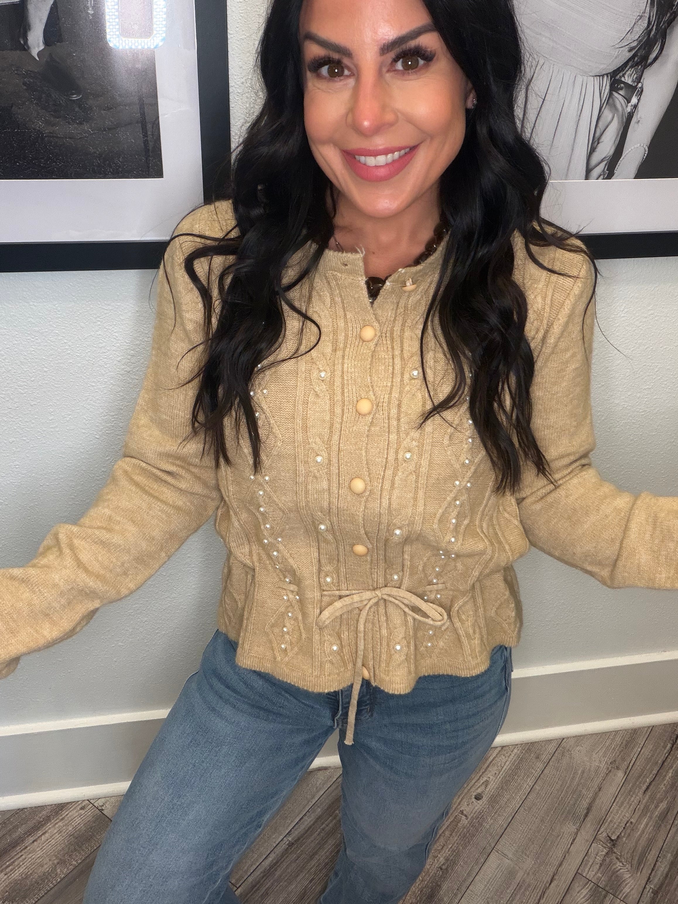 Light Brown Pearl Studded Button Up Cardi