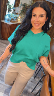 Kelly Green Knit Short Sleeve Vneck Top