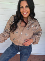 Taupe Suede Silver Embellished Zip-Up Jacket