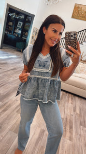Denim Baby Doll Crochet Lace Baby Doll POL Top