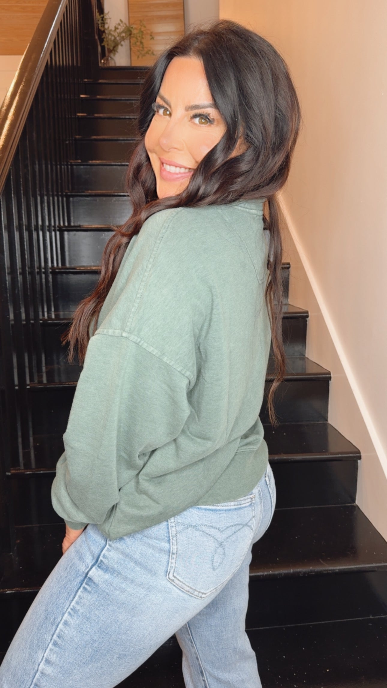 Raemode Cozy Green 1/4 Button Oversized Pullover