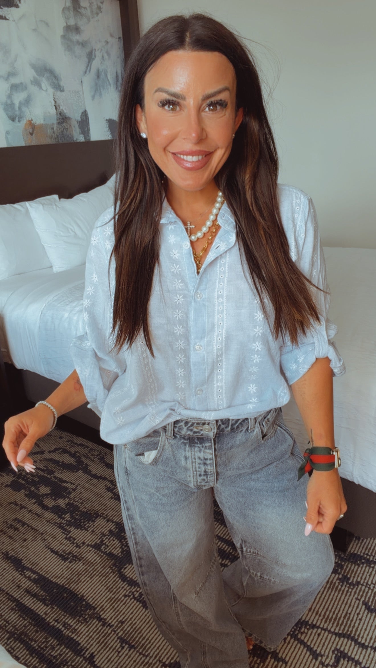 Chic Light Blue Textured Button Up Top