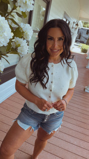 Ultra Soft White Confetti Puff Sleeve Button Up cardi