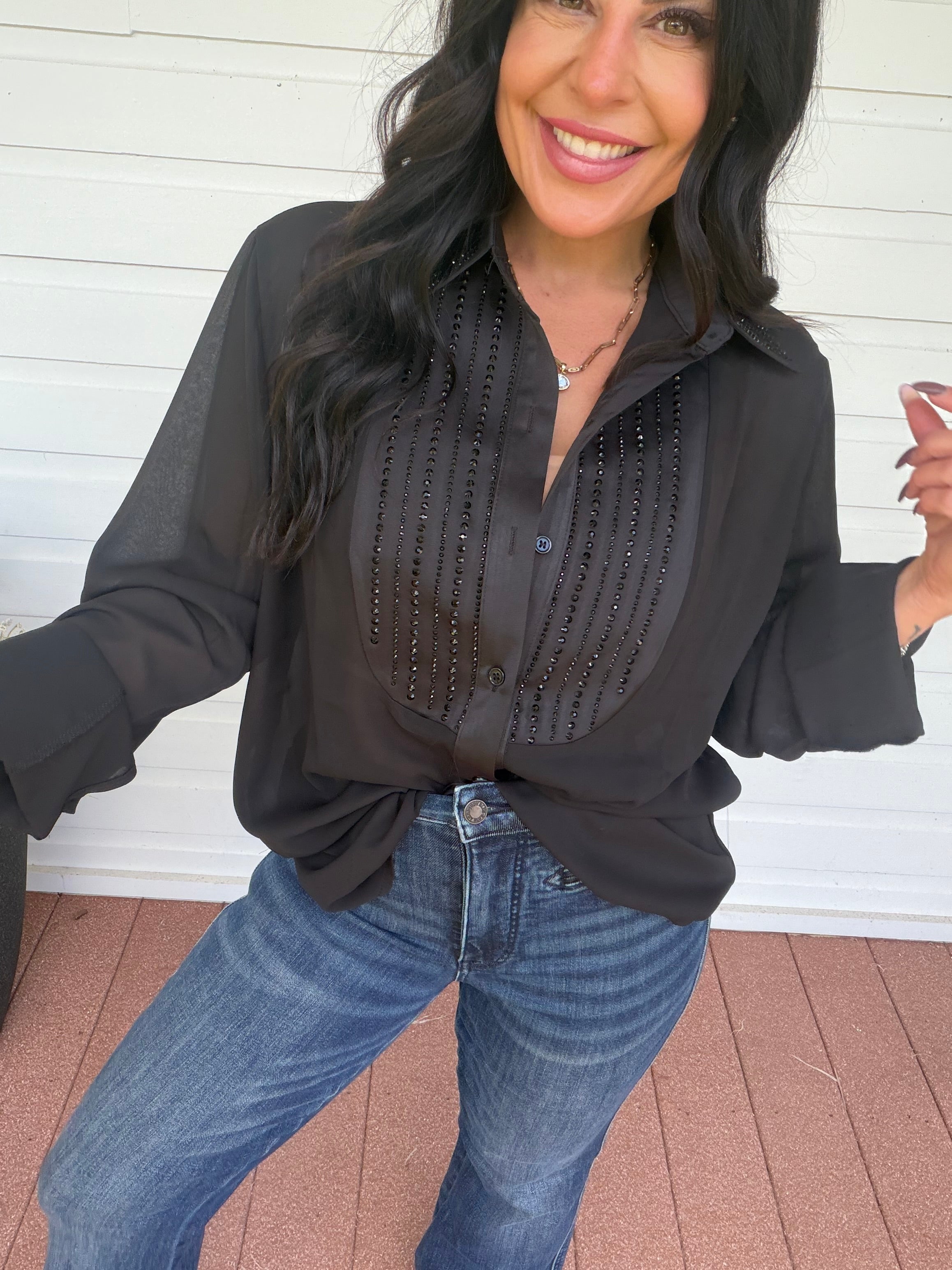 Diva Black Sparkle Long Sleeve Blouse