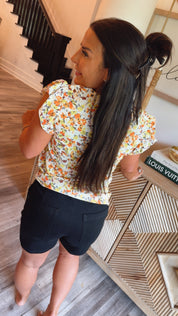 Orange and Yellow Floral Lightweights Ruffle Sleeve Top